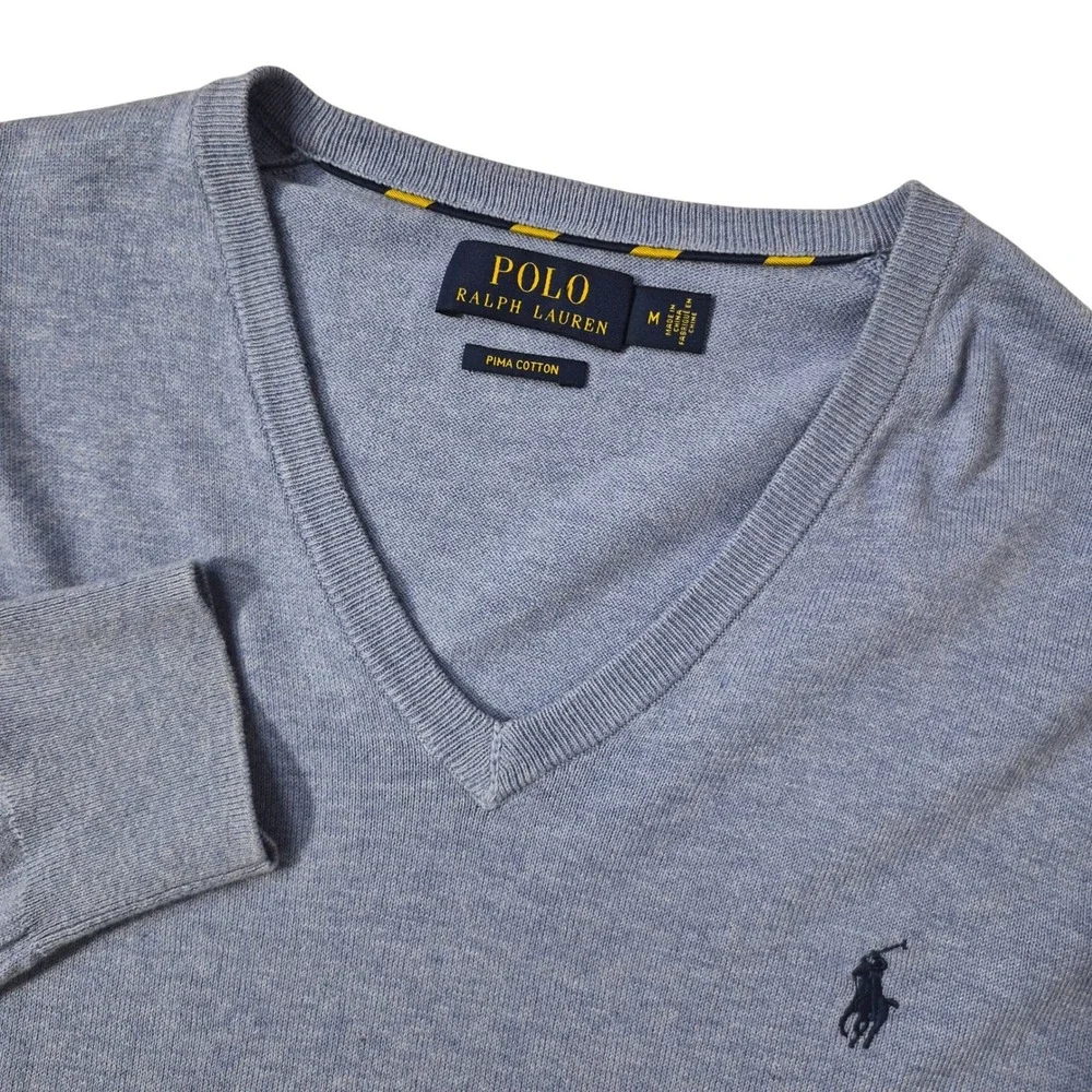 Polo Ralph Lauren Sweater Mens Medium Blue Pima Cotton V-Neck Pony Logo